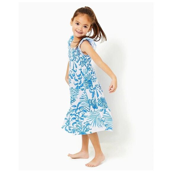 Lilly Pulitzer Girls Mini Jilly Midi Dress Smocked Printed Tiered Kids S 281151